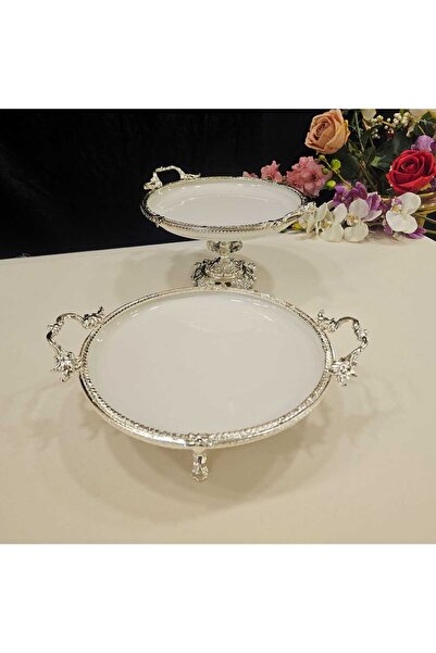 MaviDamla 4 Pieces Silver Porcelain Presentation Set with Handle Cast Edge Frame