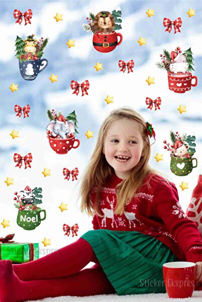 Sticker Ekspres Kupada Sevimli Hayvanlar Yılbaşı Yeni Yıl Cam Kapı Duvar Stic...