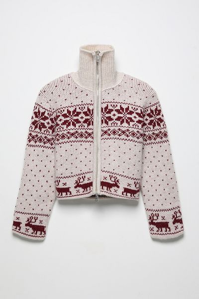 Quzu Stand Collar Patterned Zippered Cardigan Claret Red