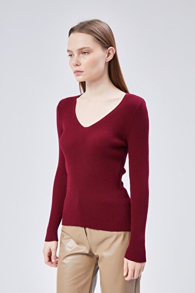 MA ananas Pulover de bază pentru damă, roșu Claret, cu decolteu în V
