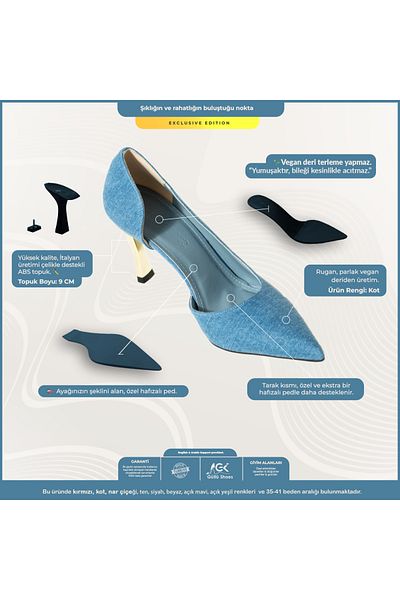 Güllü Shoes Denim Blue Stiletto - Pantofi confortabili din piele vegană pentru femei, pentru ocazii zilnice și speciale