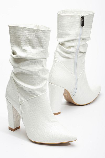 kbrashoes VRT-4815 Cizme de damă cu fermoar cu burduf cu toc înalt și gros de crocodil alb