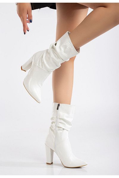 kbrashoes VRT-4815 Cizme de damă cu fermoar cu burduf cu toc înalt și gros de crocodil alb