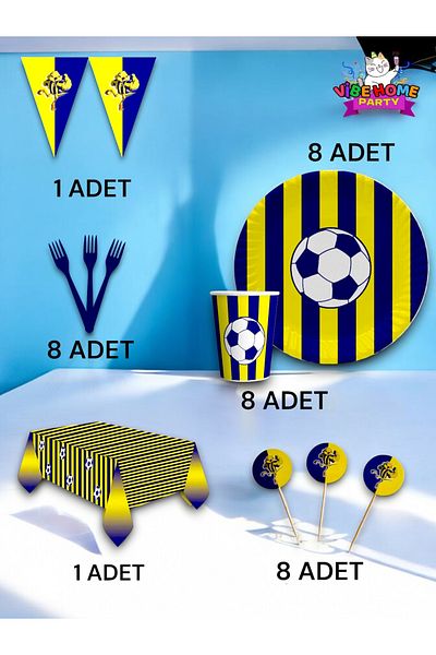 VibeHome Yellow Navy Blue Fan Premium Set for 8 - Birthday Party and Fun Events