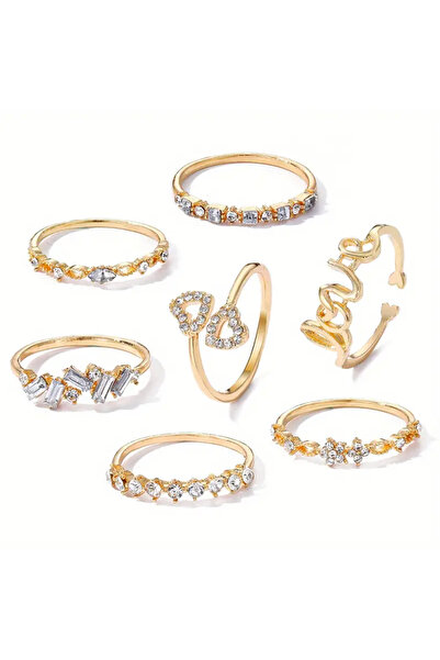 Takıtolia Love Love 7 Piece Design Gold Gold Stone Ring Set