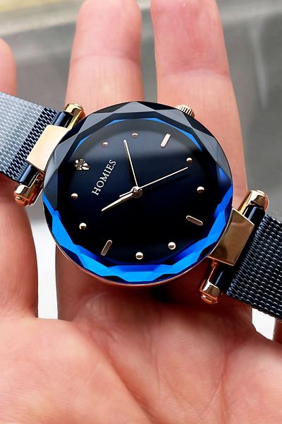 Homies Women's Wristwatch Cut Glass Waterproof Navy Color Steel Cord Bracelet Gift Hmby2025c3
