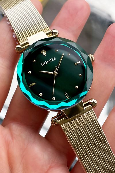 Homies Women's Wristwatch Cut Glass Waterproof Gold-green Color Steel Cord Bracelet Gift Hmby2025c2