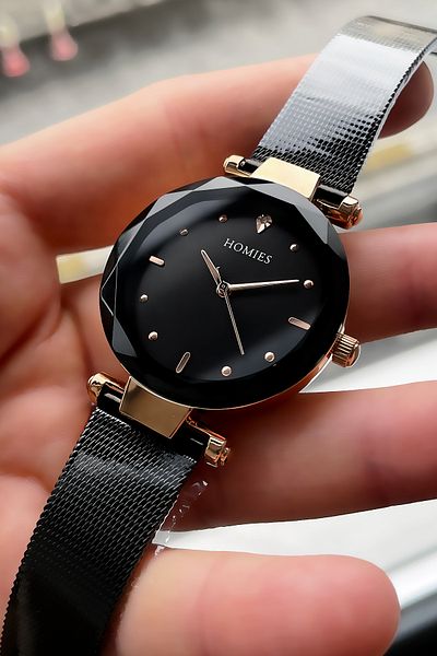 Homies Women's Wristwatch Cut Glass Waterproof Black Color Steel Cord Bracelet Gift Hmby2025c4