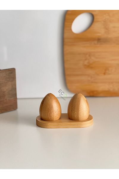 ECO KİTCHEN Set of 2 Bamboo Egg Model Salt Shakers and Pepper Shakers with Stand, Spices