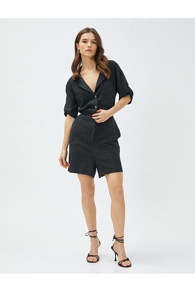 Koton Overall mit Shorts, kurzärmlig, Hemdkragen, Leinenmischung