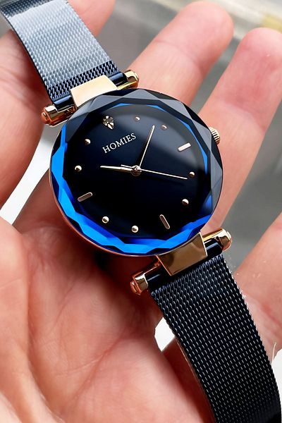 Homies Women's Wristwatch Cut Glass Waterproof Navy Color Steel Cord Bracelet Gift Hmby2025c3