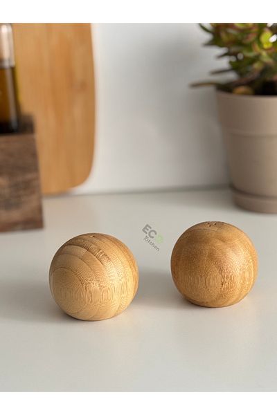 ECO KİTCHEN Set of 2 Bamboo Ball Shape Salt and Pepper Shakers - Spice and Modern