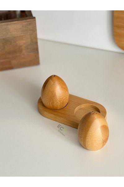 ECO KİTCHEN Set of 2 Bamboo Egg Model Salt Shakers and Pepper Shakers with Stand, Spices