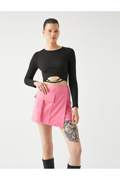 Koton Long Sleeve T-Shirt Crop Crew Neck Metal Accessories