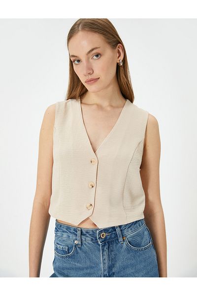 Koton V-Neck Buttoned Thin Aerobin Fabric Crop Vest Blouse