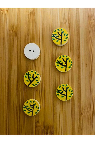 Kartopu Branch Patterned Painting Wooden Button Narrow Hole. 13 Mm. Pack of 6. Yellow.