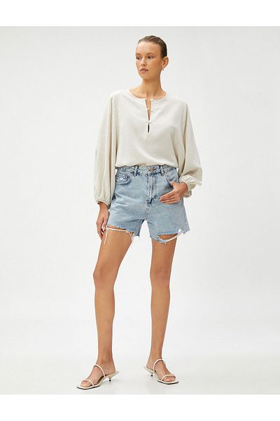 Koton Relax-Bluse mit Ballonärmeln aus Leinenmischung