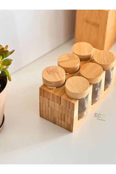 ECO KİTCHEN 6-Piece Glass Spice Rack Set with Bamboo Lid and Bamboo Stand,Spice Rack Set,Cavony, (with Spreader Head)