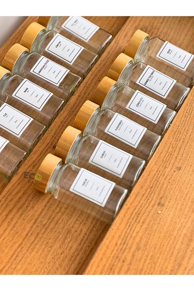 ECO KİTCHEN 12-Piece Glass Spice Rack Set - with Bamboo Lid Jar and Spreader Head (Label Gift)