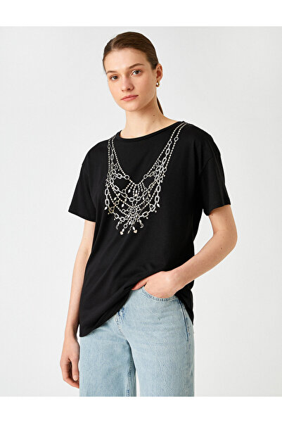 Koton Modální směs s potištěným tričkem s výstřihem a krátkým rukávem