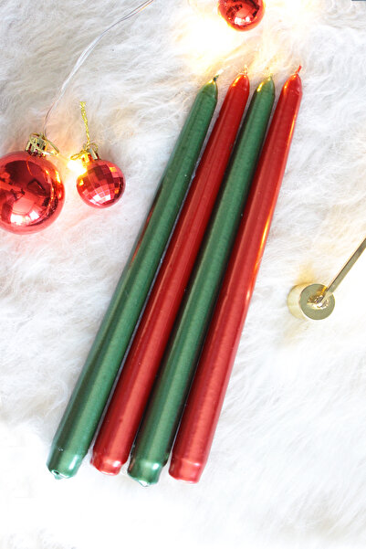 SANAT SEPET İŞLERİ Premium Yılbaşı Özel Yeşil Kırmızı Renk Sedefli Konik Şamdan Mum - 4'lü Set