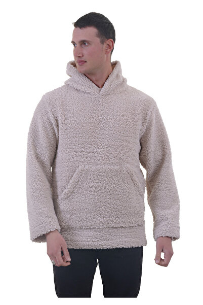 Exve Exclusive Beige Plush Fur Winter Hooded Cotton Lycra Winter Regular Fit Hoodie Sweatshirt