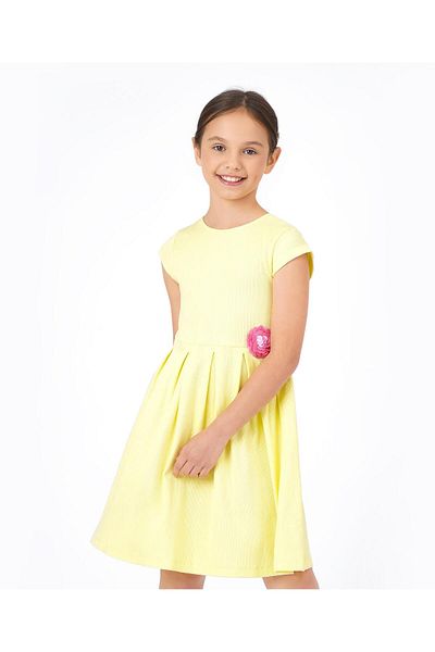 Primo Gino Primo Gino Cap Sleeve 2x2 Rib Fit&Flare Dress 3D Sequins Flower Badge in Softer Cotton -Light Yellow