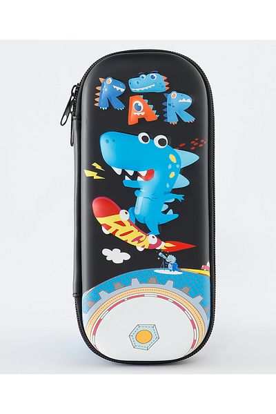 Fab N Funky 3D RAR Dino Pencil Case - Shockproof Black EVA with Mesh Pockets & Sturdy Zipper for Kids 3+