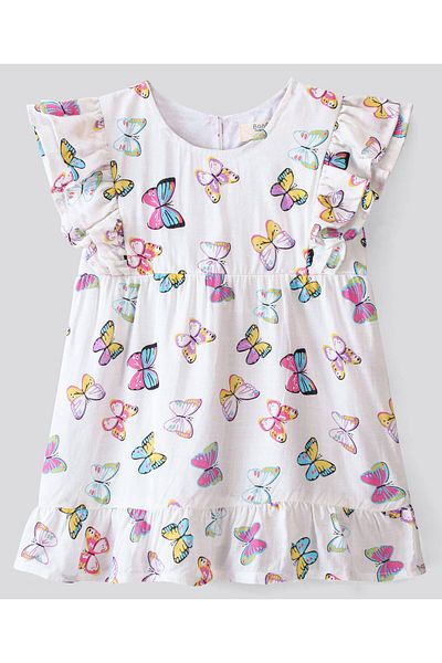 Bonfino Bonfino 100% Rayon Frill Sleeves Frock With Butterfly Print - White