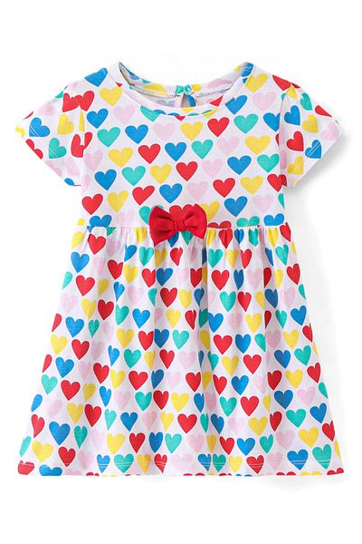 Babyhug Babyhug Cotton Jersey Knit Half Sleeves Heart Printed Frock with Bloomer - White
