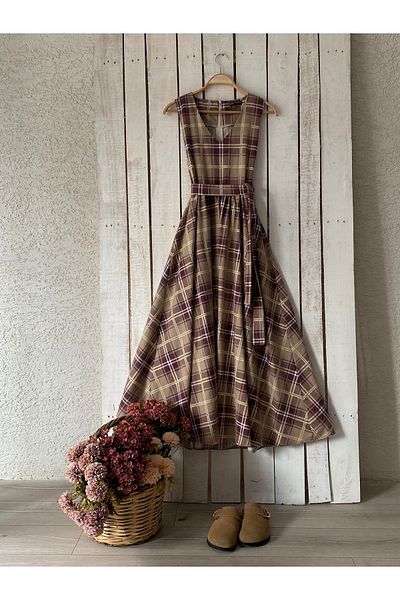 KÜÇÜĞÜM BUTİK Long Cream-Burgundy Plaid Gilet Dress