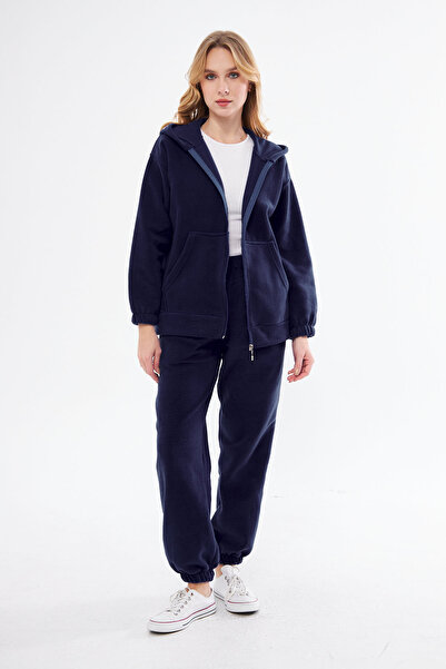 PONÇİK Set de trening supradimensionat din fleece cu glugă pentru femei, cu b...