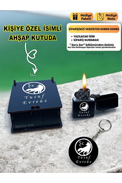 birdoz avm Kişiye Özel Isimli Kurt Tasarım Siyah Benzinli Çakmak Ve Anahtarlı...
