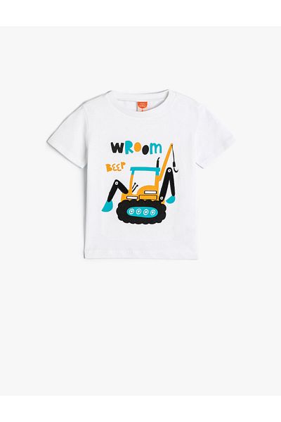 Koton Cotton T-Shirt Bulldozer Printed Short Sleeve Crew Neck