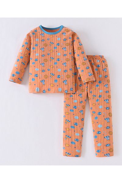 Babyhug SAPS Cotton Blend Outer Space All Over Printed Full Sleeves Pyjama/Co-ord Set - Peach