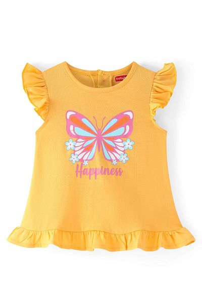 Babyhug قميص نوم من القطن المحبوك بتفاصيل ريشة مع طبعة فراشات - أصفر