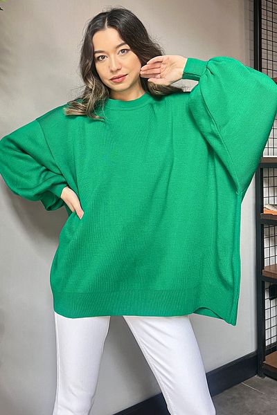 GÜLSELİ Green Women's Oversize Balloon Sleeve Knitwear Sweater