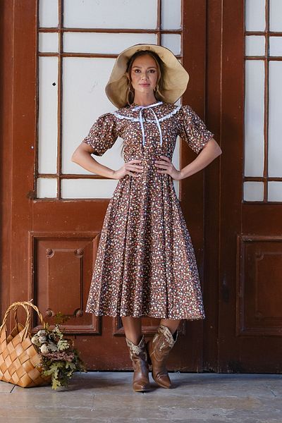 KÜÇÜĞÜM BUTİK Vintage φορητός γιακάς καφέ φλοράλ μπαλόνι μανίκι φόρεμα (ΦΟΡΕΜΑ-ΓΚΑΛΙ)