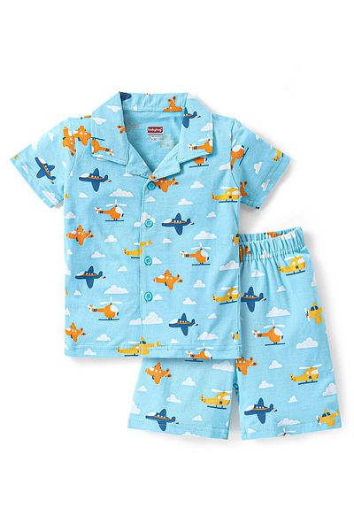 Babyhug Cotton Half Sleeves Night Suit/Co-ord Set All Over Aeroplane Print - Blue