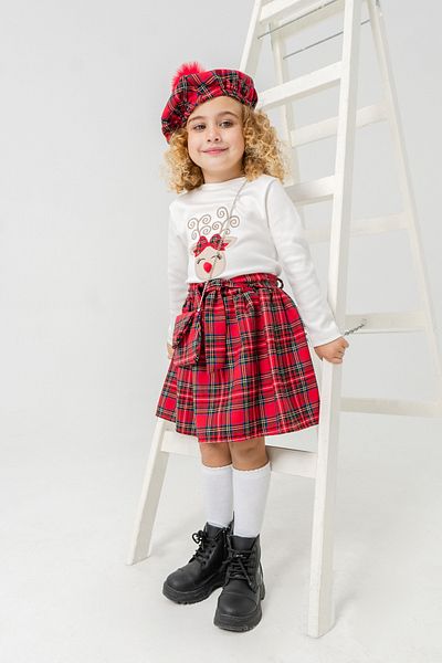 Eray Kids New Year's Plaid Detailed Girl's Hat-Bag Gift Sweatshirt Skirt Set