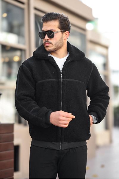 Valiberta Lined Stripe Detailed Plush Coat - Black