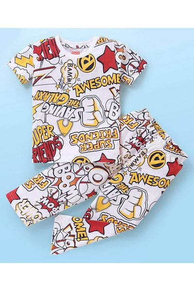 Babyhug Single Jersey Knit Half Sleeves Night Suit/Co-ord Set All Over Printed Texts - White