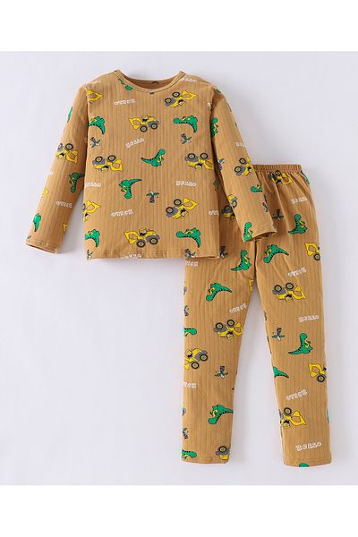 Babyhug SAPS Cotton Blend Dino All Over Printed Full Sleeves Pyjama/Co-ord Set - Light Brown