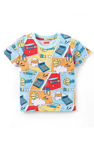 Babyhug Cotton Knit Half Sleeves School Supplies Print Night Suit/Co-ord Set - Multi Color
