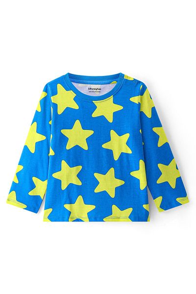 Honeyhap Premium 100% Cotton Full Sleeves Co-ord Pyjama Set With Stars Print - Blue/Yellow