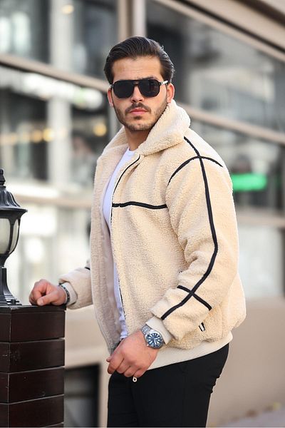 Valiberta Ecru Plush Coat - Lined and Stripe Detail