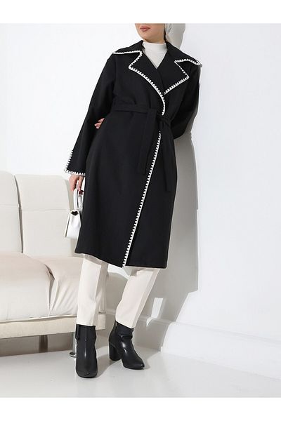 Modamorfo Shepherd's Stitching Waist Strap Coat - Black