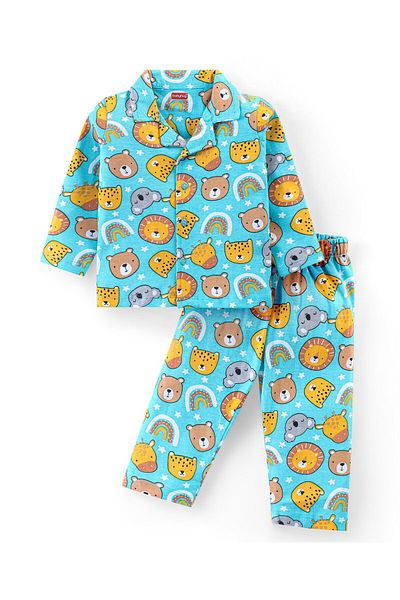 Babyhug بدلة نوم بأكمام كاملة من القطن المحبوك بطبعة حيوانات - أزرق
