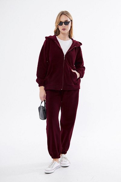 PONÇİK Women's Hooded Fleece Oversize Tracksuit with Zippered Front Pockets 23586-Burgundy