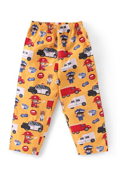 Babyhug Cotton Woven Half Sleeves Night Suit With Teddy & Vehicles Print - Yellow